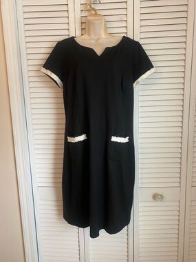 Talbots Women Midi Dress Size 14 Black White Pockets Fringe Preppy Old Money